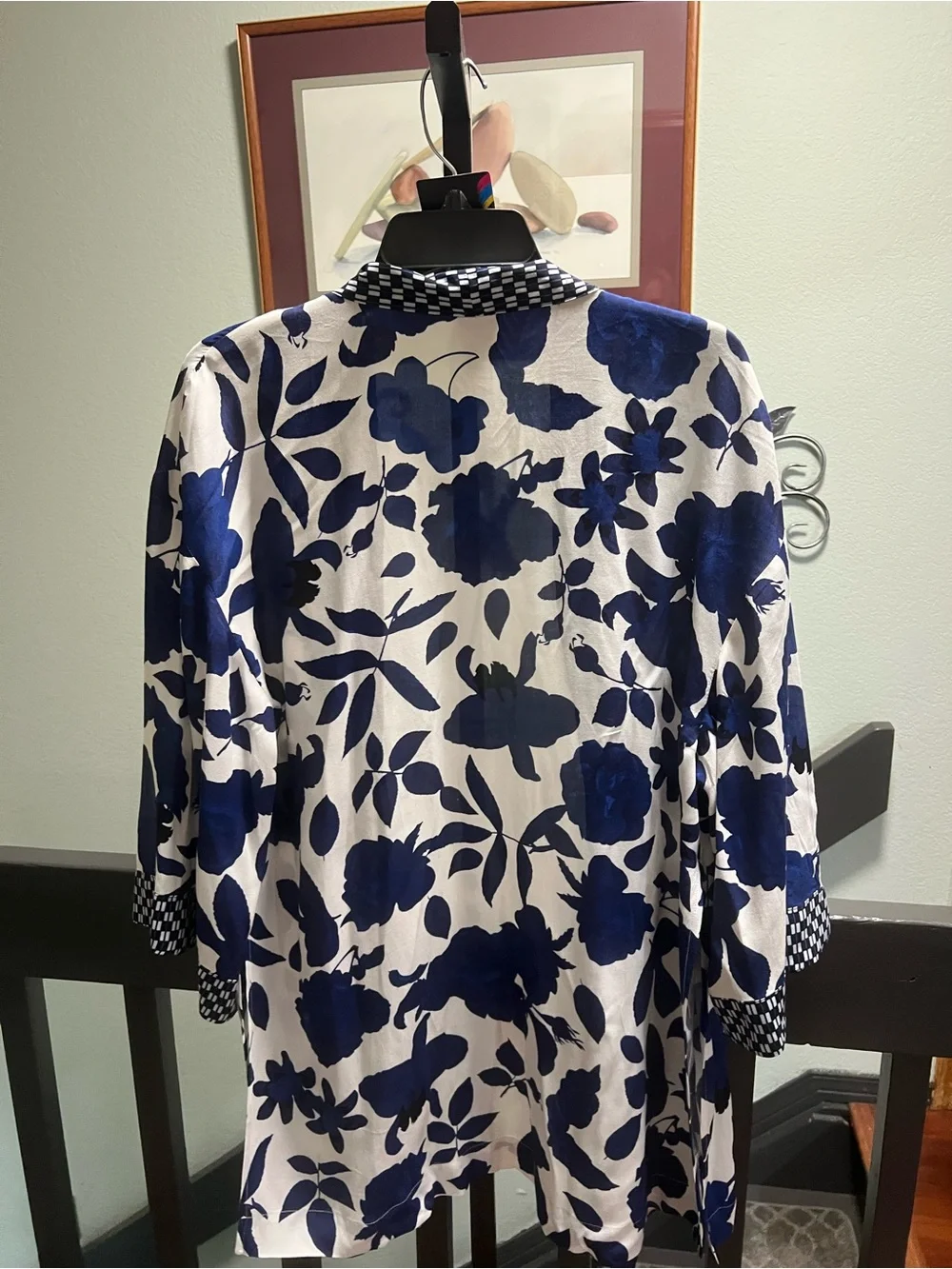 NWOT CAbi Navy and White Floral & Check Open Cardigan #369